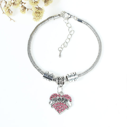 "Hope" European Snake Chain Charm Bracelet with Pink Rhinestones Heart Pendant and Love Spacer Beads - Sexy Sparkles Fashion Jewelry - 1