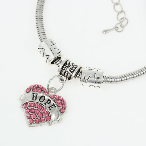 "Hope" European Snake Chain Charm Bracelet with Pink Rhinestones Heart Pendant and Love Spacer Beads - Sexy Sparkles Fashion Jewelry - 2