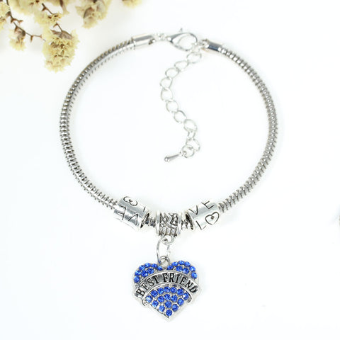 "Best Friends" European Snake Chain Charm Bracelet with Blue Rhinestones Heart Pendant and Love Spacer Beads - Sexy Sparkles Fashion Jewelry - 3
