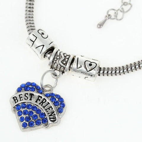 "Best Friends" European Snake Chain Charm Bracelet with Blue Rhinestones Heart Pendant and Love Spacer Beads - Sexy Sparkles Fashion Jewelry - 1