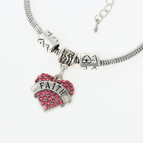 "Faith" European Snake Chain Charm Bracelet with Pink Rhinestones Heart Pendant and Love Spacer Beads - Sexy Sparkles Fashion Jewelry - 2