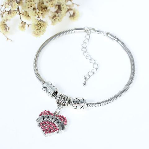 "Faith" European Snake Chain Charm Bracelet with Pink Rhinestones Heart Pendant and Love Spacer Beads - Sexy Sparkles Fashion Jewelry - 3