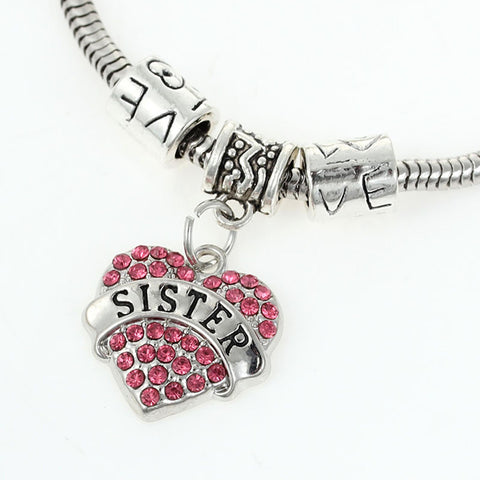 "Sister" European Snake Chain Charm Bracelet with Rhinestones Heart Pendant and Love Spacer Beads - Sexy Sparkles Fashion Jewelry - 1