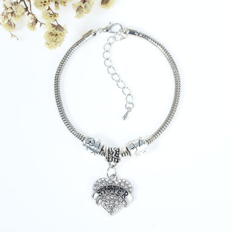 "Sister" European Snake Chain Charm Bracelet with Rhinestones Heart Pendant and Love Spacer Beads - Sexy Sparkles Fashion Jewelry - 3