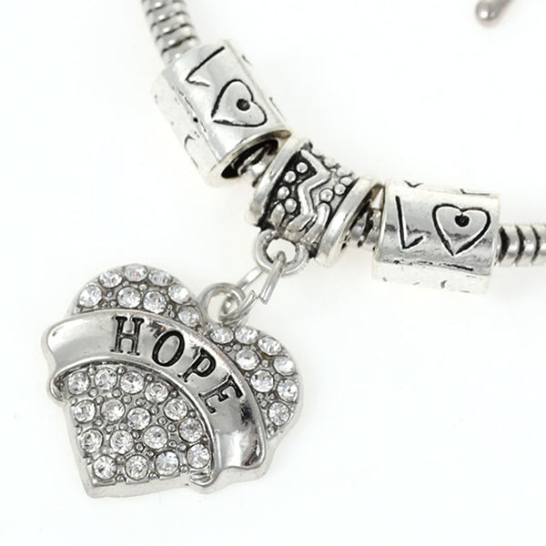 "Hope " European Snake Chain Charm Bracelet with Rhinestones Heart Pendant and Love Spacer Beads