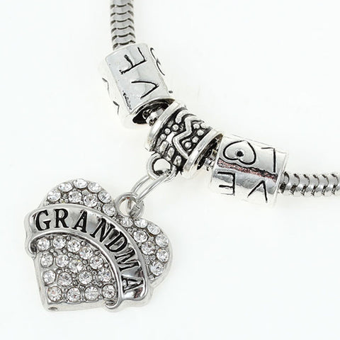 "Grandma" European Snake Chain Charm Bracelet with Rhinestones Heart Pendant and Love Spacer Beads - Sexy Sparkles Fashion Jewelry - 1