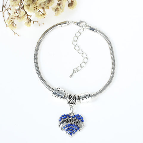 "Mom" European Snake Chain Charm Bracelet with Blue Rhinestones Heart Pendant and Love Spacer Beads - Sexy Sparkles Fashion Jewelry - 3