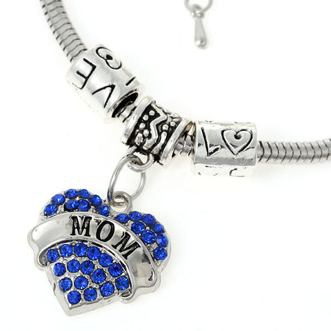 "Mom" European Snake Chain Charm Bracelet with Blue Rhinestones Heart Pendant and Love Spacer Beads - Sexy Sparkles Fashion Jewelry - 1