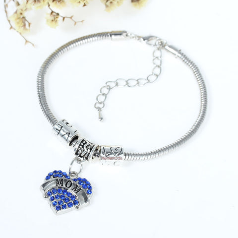 "Mom" European Snake Chain Charm Bracelet with Blue Rhinestones Heart Pendant and Love Spacer Beads - Sexy Sparkles Fashion Jewelry - 2