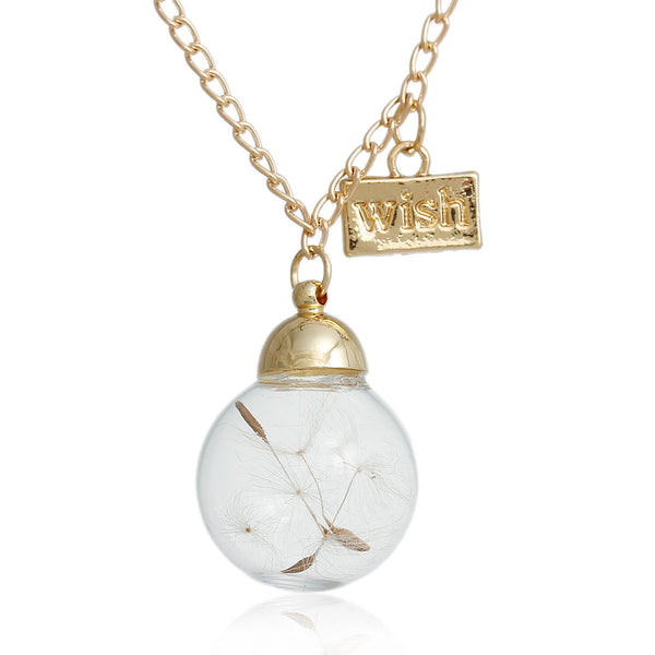 "Wish" Dandelion Clear Glass Ball Pendant Necklace Gold Tone Link Curb Chain Make a wish
