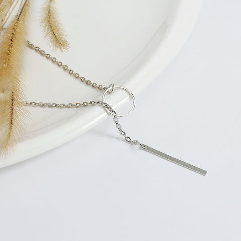 Y Shaped Lariat Necklace Link Cable Chain Silver Tone Circle With Rectangle Pendant - Sexy Sparkles Fashion Jewelry - 3