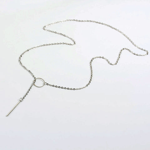 Y Shaped Lariat Necklace Link Cable Chain Silver Tone Circle With Rectangle Pendant - Sexy Sparkles Fashion Jewelry - 4