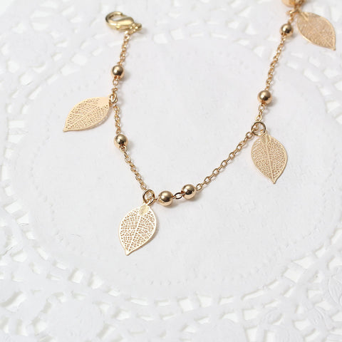 SEXY SPARKLES Filigree Stamping Bell Bracelet  Gold Plated Whit Hollow Leaf Pendants - Sexy Sparkles Fashion Jewelry - 3
