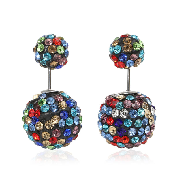 SEXY SPARKLES Clay Earrings Double Sided Ear Studs Round Pave Multicolor Rhinestone W/ Stoppers