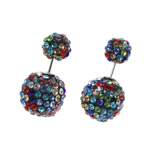 SEXY SPARKLES Clay Earrings Double Sided Ear Studs Round Pave Multicolor Rhinestone W/ Stoppers
