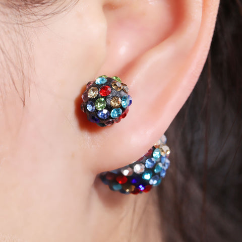 SEXY SPARKLES Clay Earrings Double Sided Ear Studs Round Pave Multicolor Rhinestone W/ Stoppers