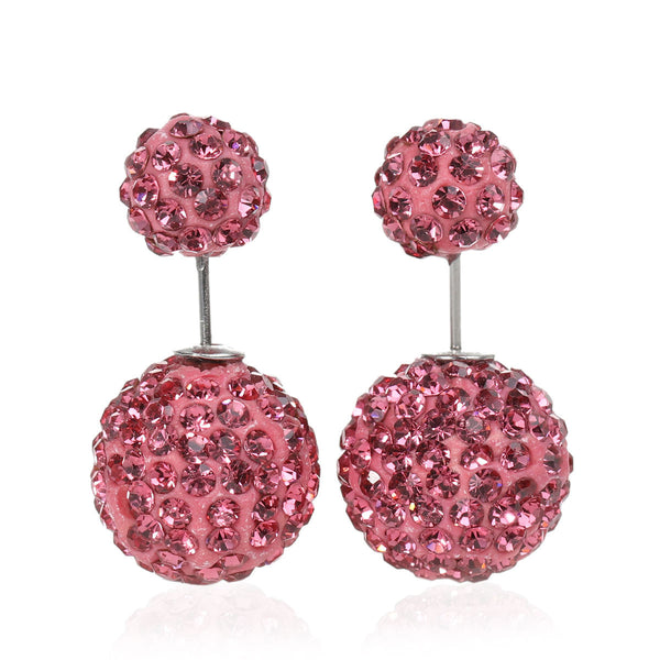 SEXY SPARKLES Clay Earrings Double Sided Ear Studs Round Pave Pink Rhinestone W/ Stoppers