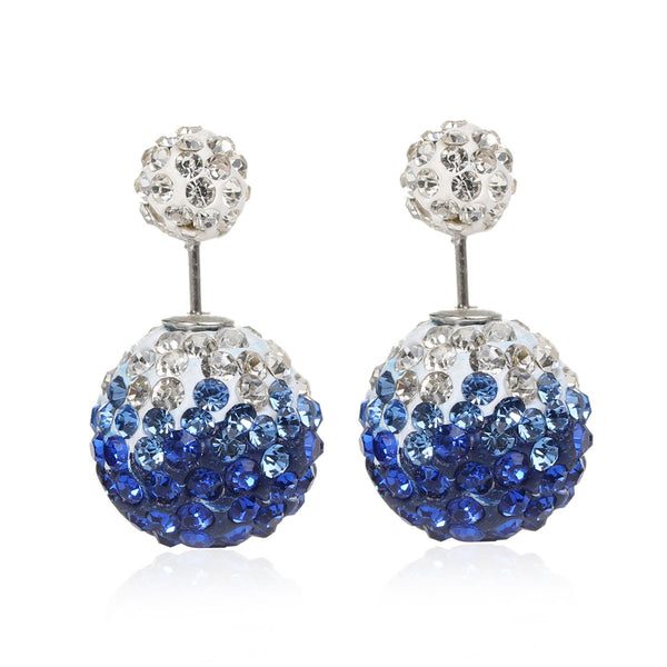 Sexy Sparkles Clay Earrings Double Sided Ear Studs Round Pave White Blue Rhinestone W/ Stoppers