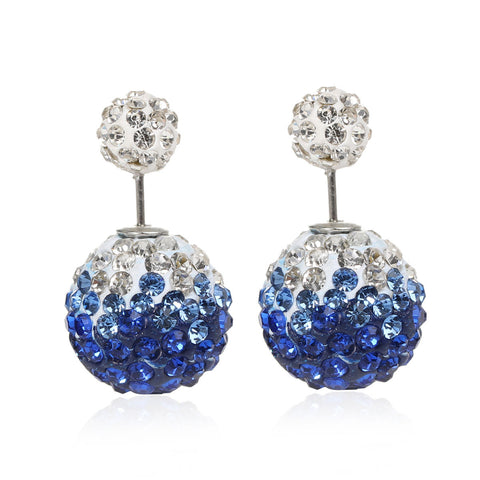 Sexy Sparkles Clay Earrings Double Sided Ear Studs Round Pave White Blue Rhinestone W/ Stoppers - Sexy Sparkles Fashion Jewelry - 1