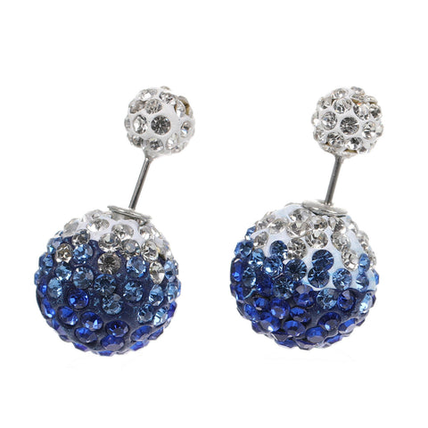 Sexy Sparkles Clay Earrings Double Sided Ear Studs Round Pave White Blue Rhinestone W/ Stoppers - Sexy Sparkles Fashion Jewelry - 2