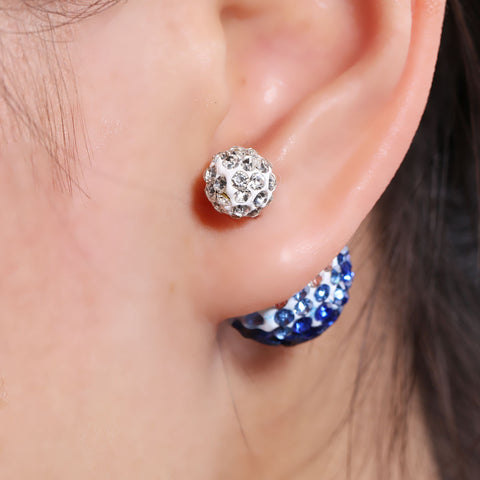 Sexy Sparkles Clay Earrings Double Sided Ear Studs Round Pave White Blue Rhinestone W/ Stoppers - Sexy Sparkles Fashion Jewelry - 3