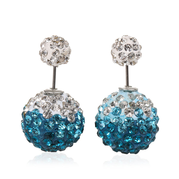 Sexy Sparkles Clay Earrings Double Sided Ear Studs Round Pave White Lake Blue Rhinestone W/ Stoppers