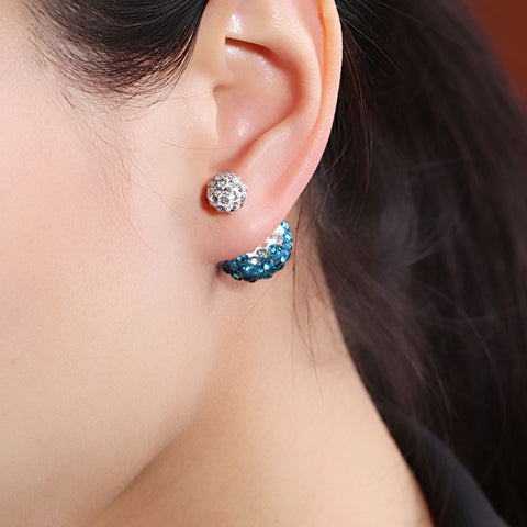 Sexy Sparkles Clay Earrings Double Sided Ear Studs Round Pave White Lake Blue Rhinestone W/ Stoppers - Sexy Sparkles Fashion Jewelry - 3