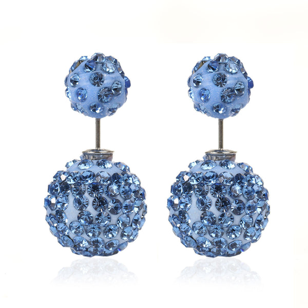 Sexy Sparkles Clay Earrings Double Sided Ear Studs Round Pave Blue Rhinestone W/ Stoppers - Sexy Sparkles Fashion Jewelry - 1