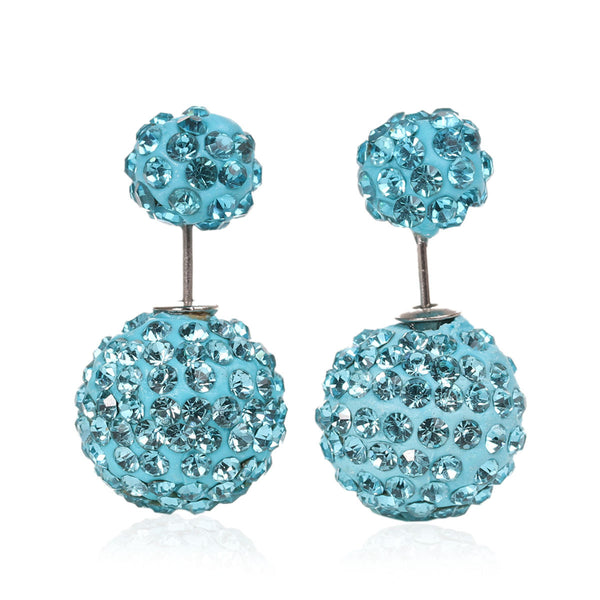 Sexy Sparkles Clay Earrings Double Sided Ear Studs Round Pave Light Blue Rhinestone W/ Stoppers