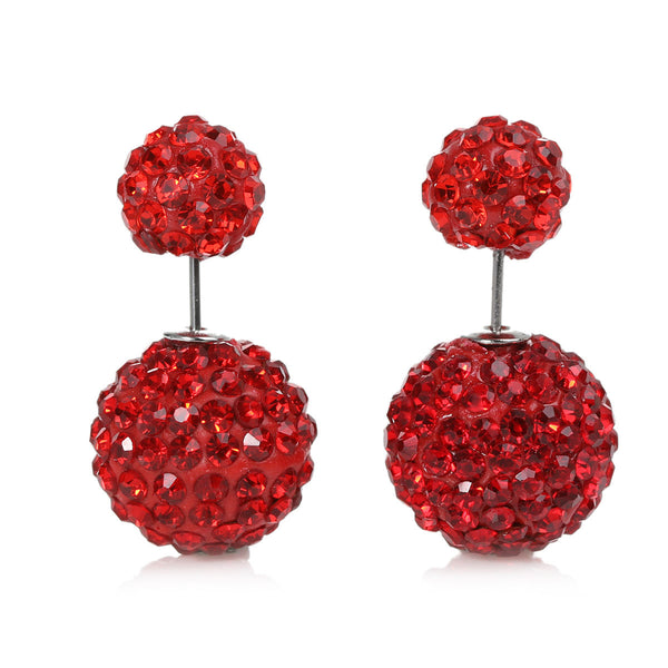 SEXY SPARKLES Clay Earrings Double Sided Ear Studs Round Pave Red Rhinestone W/ Stoppers