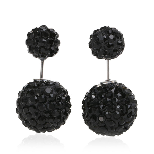 SEXY SPARKLES Clay Earrings Double Sided Ear Studs Round Black Rhinestone W/ Stoppers