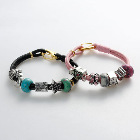 Pink European Style Double Layor Charm Bracelets 19.5cm(7 5/8") long - Sexy Sparkles Fashion Jewelry - 3