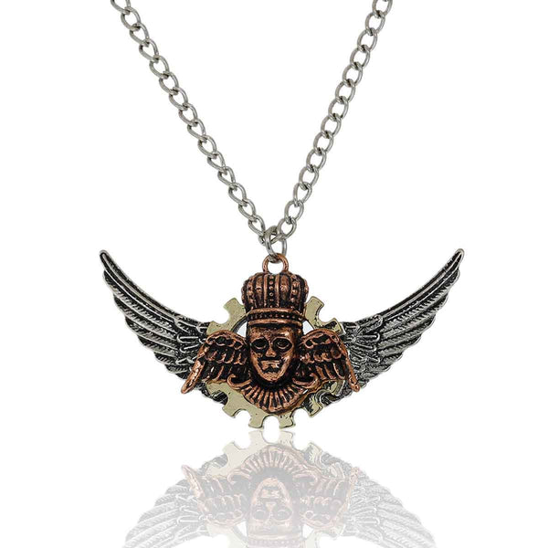 SEXY SPARKLES Steampunk Necklace Link Curb Chain Antique Silver Wing Gear Head Portrait With Crown Pendant - Sexy Sparkles Fashion Jewelry - 1