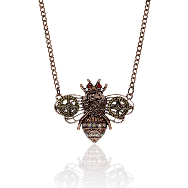 SEXY SPARKLES Steampunk Necklace Link Curb Chain Antique Copper Bees Gear Connector With Multicolor Rhinestone