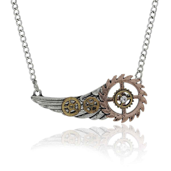 SEXY SPARKLES Steampunk Necklace Link Curb Chain Antique Silver Wing Gear Pendant With Clear Rhinestone