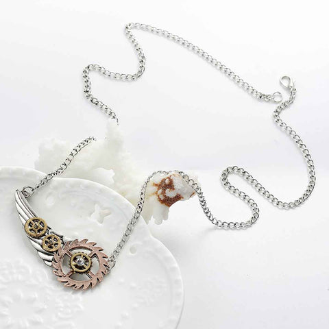 SEXY SPARKLES Steampunk Necklace Link Curb Chain Antique Silver Wing Gear Pendant With Clear Rhinestone - Sexy Sparkles Fashion Jewelry - 2