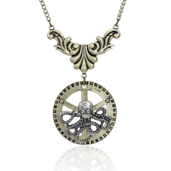 SEXY SPARKLES Steampunk Necklace Link Curb Chain Antique Bronze Gear Octopus