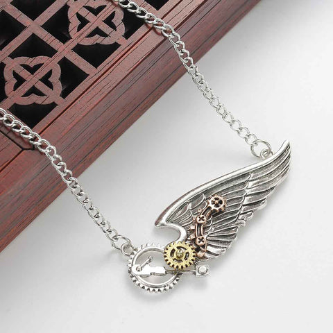 SEXY SPARKLES Steampunk Necklace Link Curb Chain Antique Silver Wing Gear For Women - Sexy Sparkles Fashion Jewelry - 2