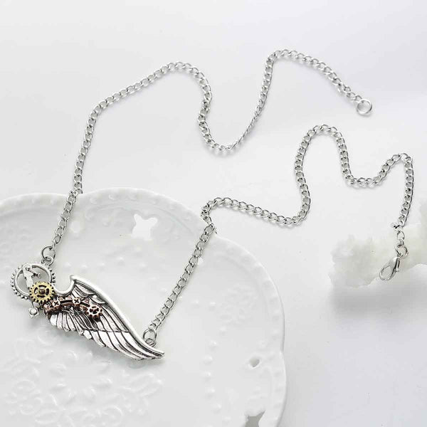 SEXY SPARKLES Steampunk Necklace Link Curb Chain Antique Silver Wing Gear For Women - Sexy Sparkles Fashion Jewelry - 1