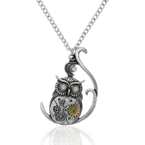 SEXY SPARKLES steampunk Necklace Link Curb Chain Antique Silver Halloween Owl Moon Gear Pendant With Clear Rhinestone for women - Sexy Sparkles Fashion Jewelry - 3