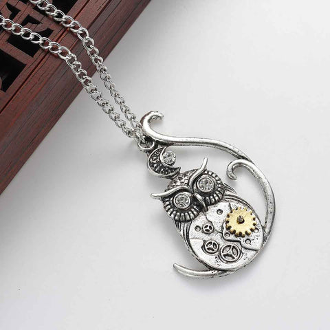 SEXY SPARKLES steampunk Necklace Link Curb Chain Antique Silver Halloween Owl Moon Gear Pendant With Clear Rhinestone for women - Sexy Sparkles Fashion Jewelry - 2