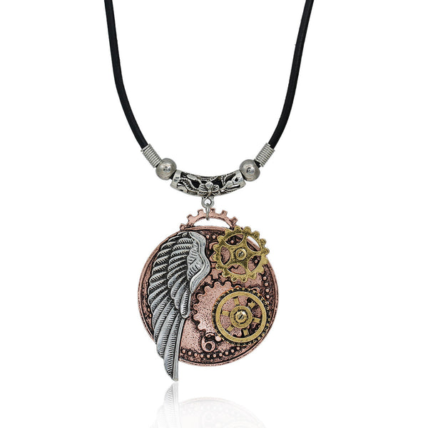 SEXY SPARKLES steampunk necklaces Black Cord Chain Multicolor Round Wing Gear Pendant for women