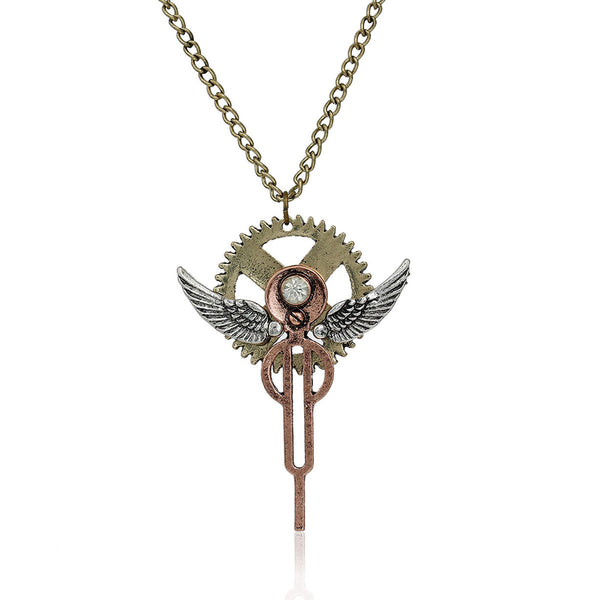 SEXY SPARKLES Steampunk Necklace Link Curb Chain Antique Bronze Angel Wing Gear Hollow Pendant With Clear Rhinestone