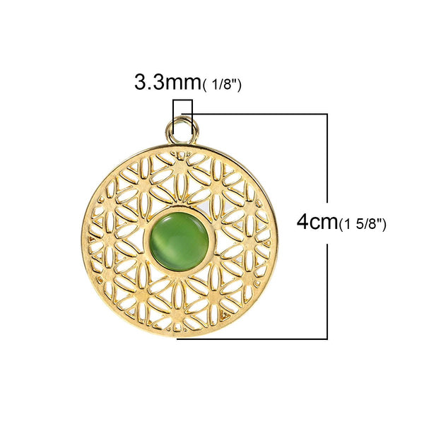 SEXY SPARKLES Flower Of Life Silver Tone Pendants With Green Cat's Eye Imitation