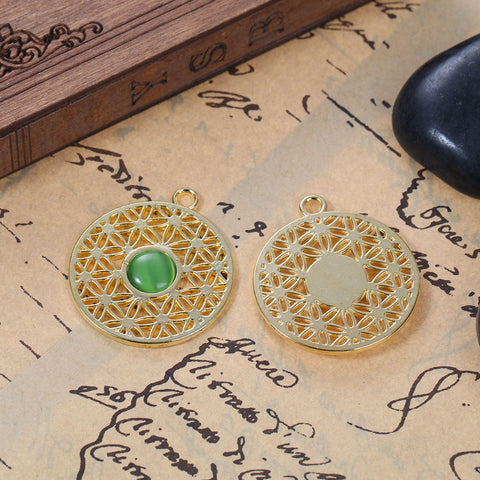 SEXY SPARKLES Flower Of Life Gold Plated Pendants With Green Cat's Eye Imitation - Sexy Sparkles Fashion Jewelry - 2