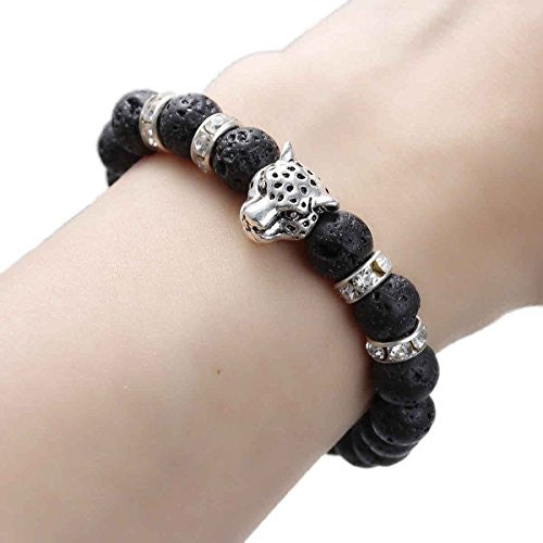 Sexy Sparkles Men, Womens (Natural) Stone Lava Beaded Healing Bracelet BlackLeopard Head with Clear Rhinestone Elastic 24cm(9 4/8") - Sexy Sparkles Fashion Jewelry - 1