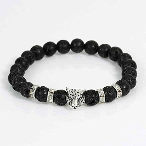Sexy Sparkles Men, Womens (Natural) Stone Lava Beaded Healing Bracelet BlackLeopard Head with Clear Rhinestone Elastic 24cm(9 4/8") - Sexy Sparkles Fashion Jewelry - 2