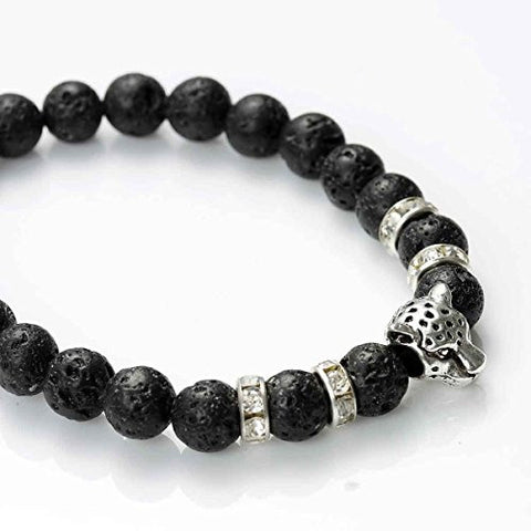 Sexy Sparkles Men, Womens (Natural) Stone Lava Beaded Healing Bracelet BlackLeopard Head with Clear Rhinestone Elastic 24cm(9 4/8") - Sexy Sparkles Fashion Jewelry - 3