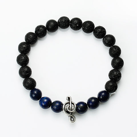 Men, Womens Synthetic Lava & Lapis Lazuli Beaded Healing Bracelet Black With Musical Note Elastic 22cm(8 5/8inch )