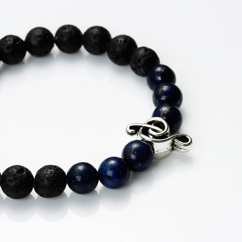 Men, Womens Synthetic Lava & Lapis Lazuli Beaded Healing Bracelet Black With Musical Note Elastic 22cm(8 5/8inch )